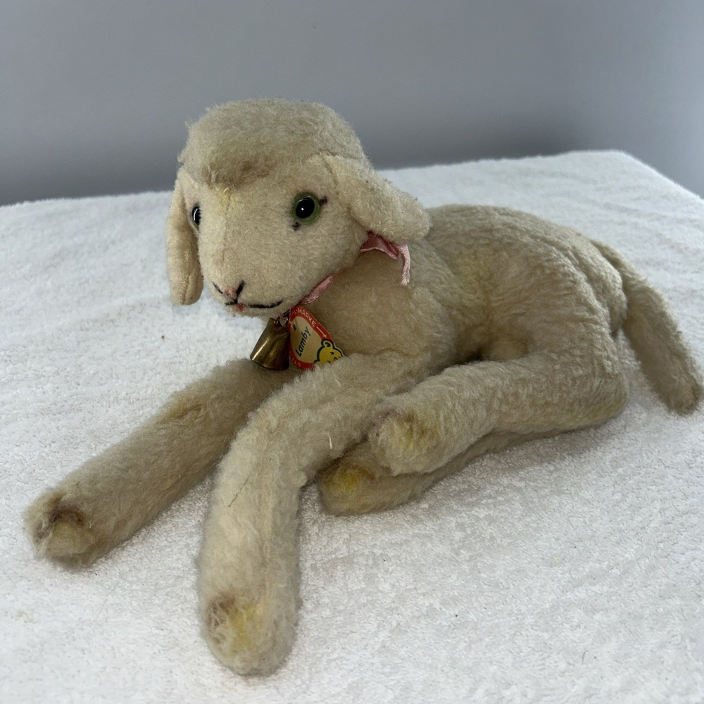 Vintage Steiff LAMBY‎ 1966/67 Lying Lamb 11" Stuffed Animal Button Bell 750 HTF